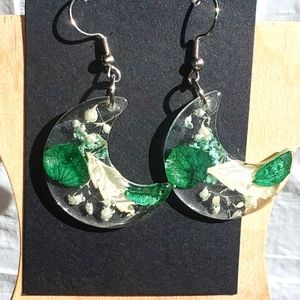 Moon Earrings with dried flowers and leaves/ Resin Jewelry/ Stainless Steel Hook